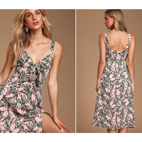 La Paz Pink and Green Leaf Print Tie-Front Midi Dress Size Medium Wedding Guest - Picture 10 of 10